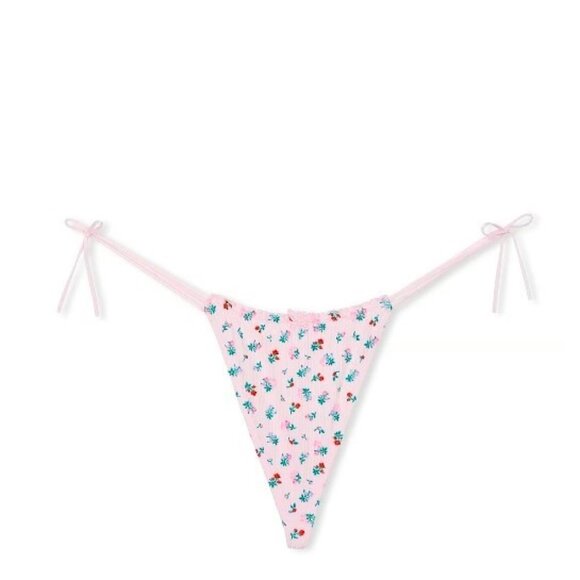 Victoria Secret PINK Cotton Side Tie V-String Thong Ribbed Butterfly Pink Floral - Picture 1 of 8